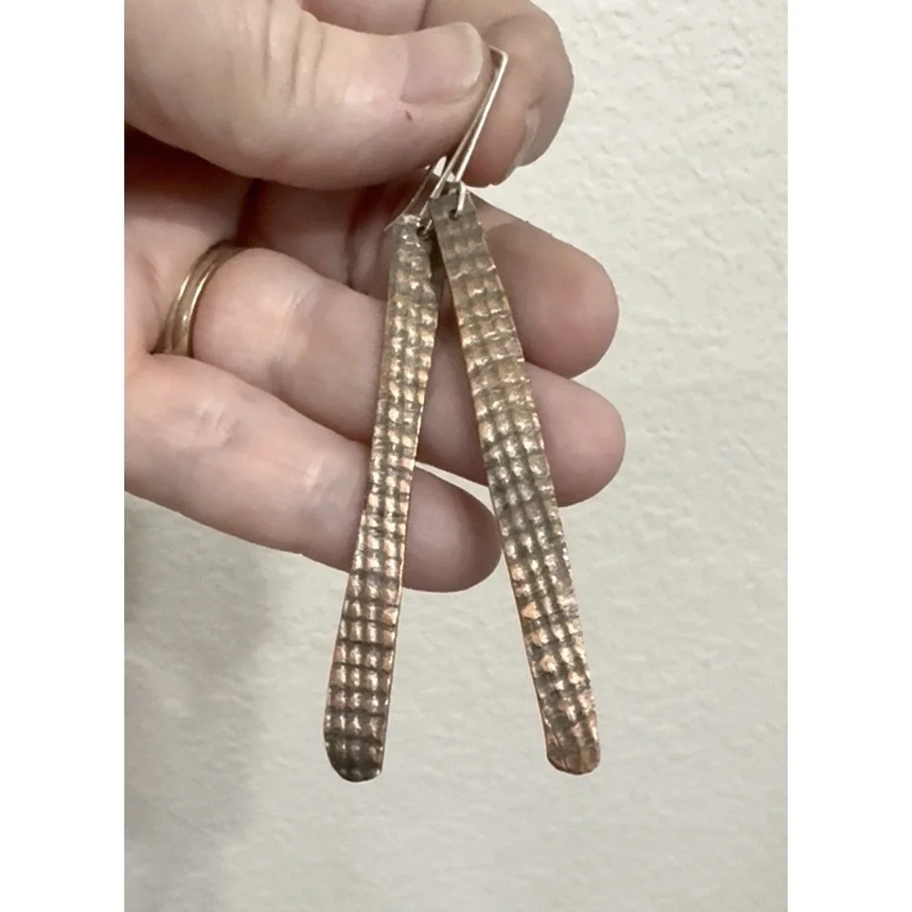 Pure Copper Solid Embossed Stick Rustic Earrings Drop Boho Handmade Hammered